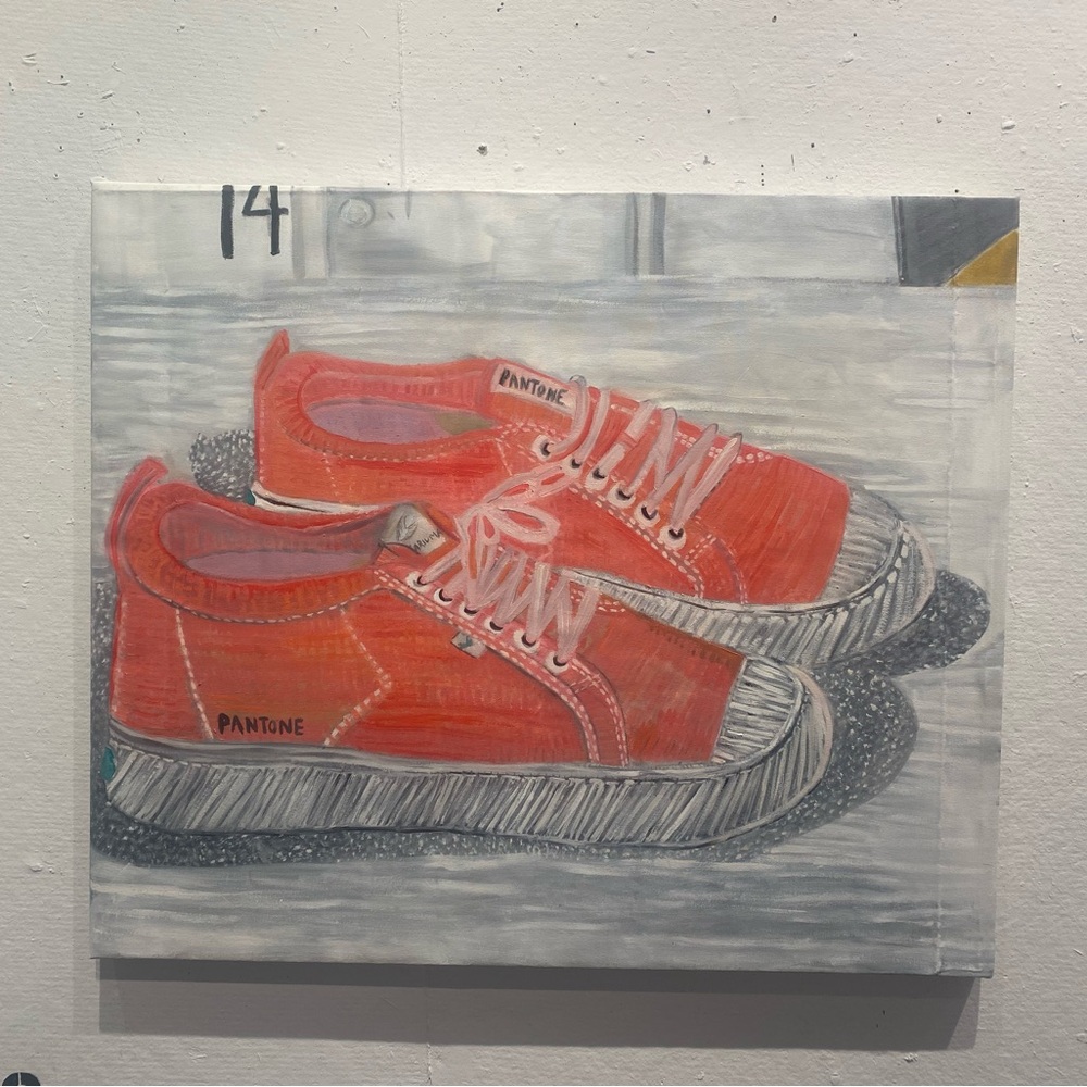 Art oil painting original Pantone Orange Sneakers by Esther nash